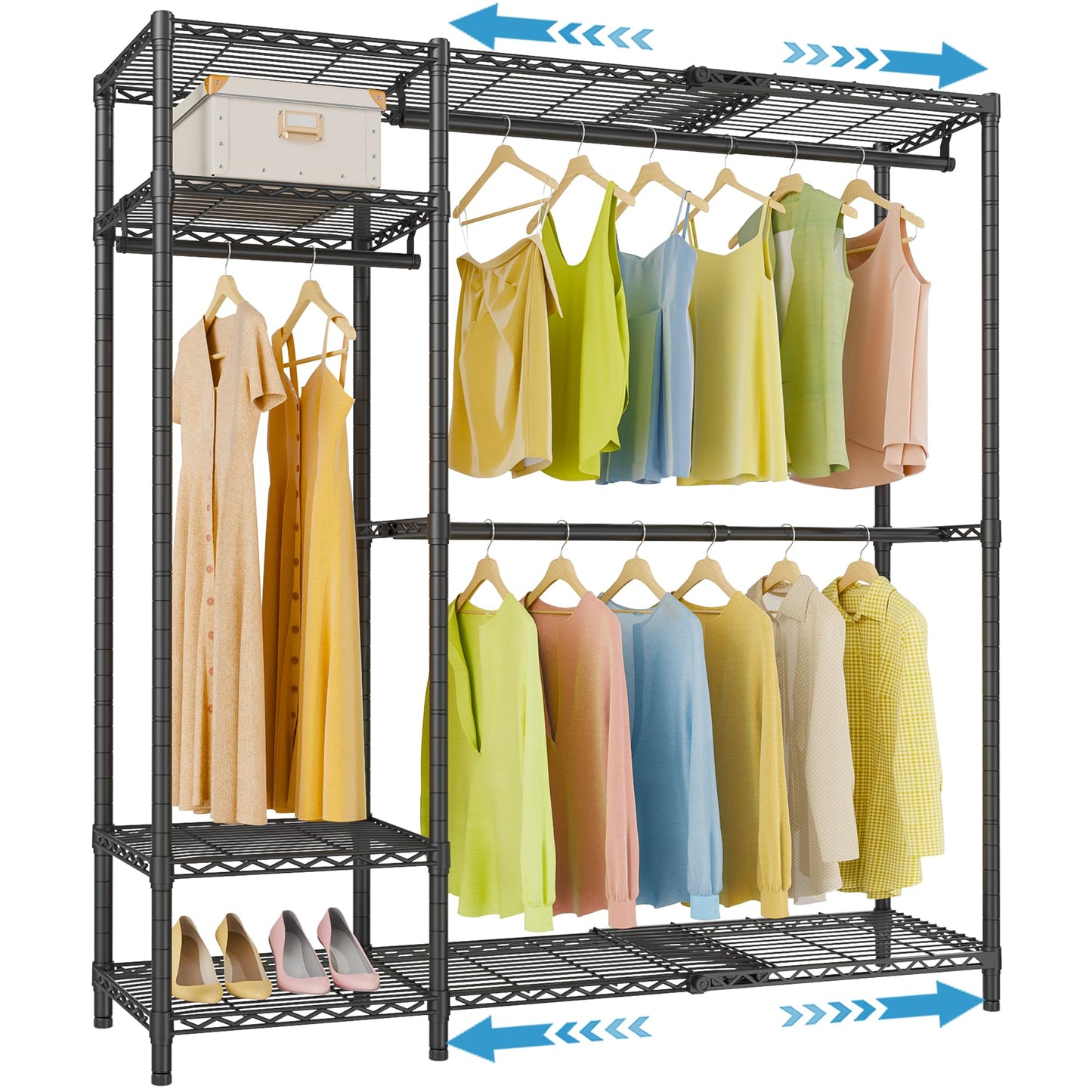 VIPEK X20 Expandable Metal Clothing Rack Adjustable from 3'3" to 4'8" Heavy Duty Garment Racks with Adjustable Shelves and Hanger Rods Portable Wardrobe Open Closet Rack System, Black