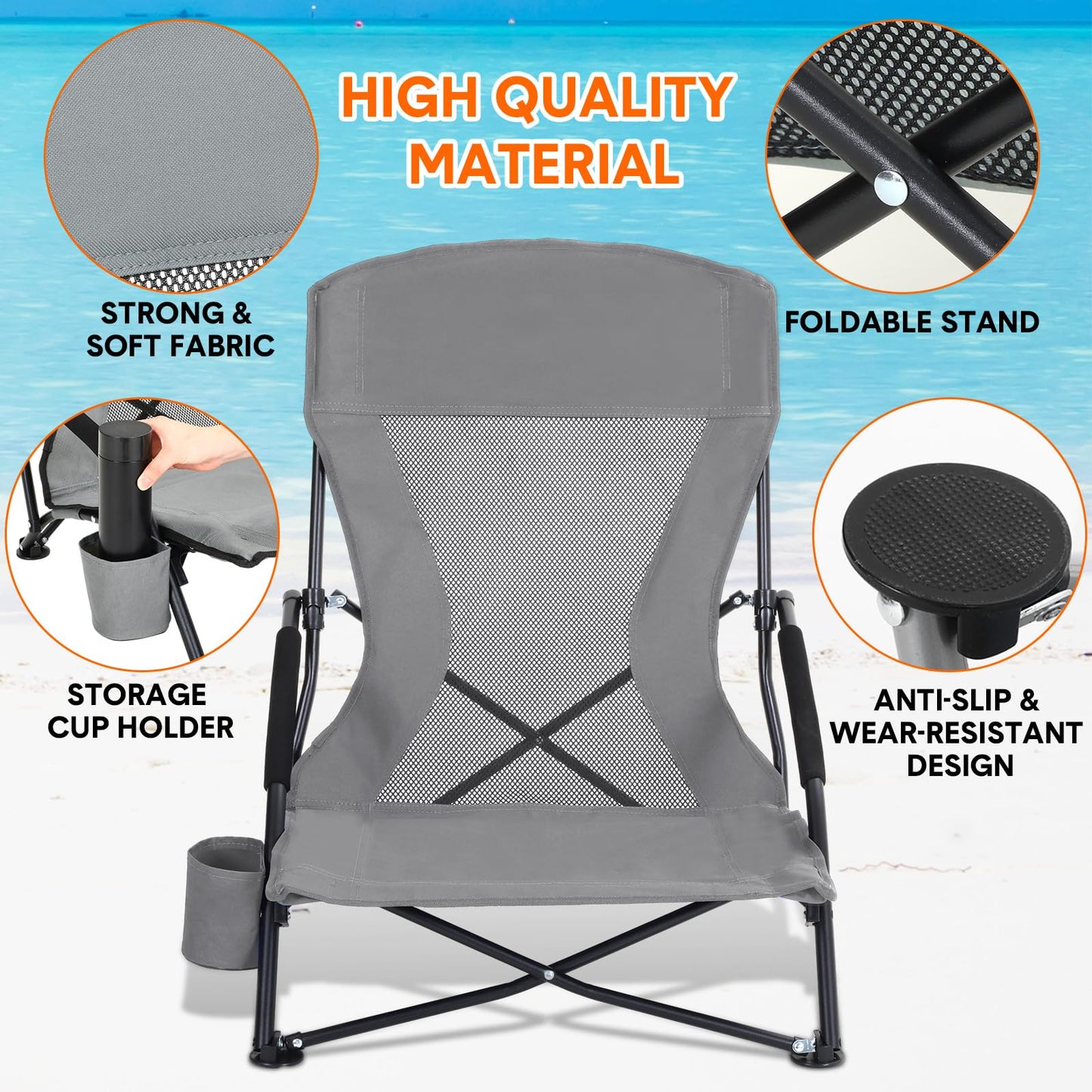 Menkxi 6 Pack Low Beach Chairs for Adults, Portable Folding Sand Chairs with Cup Holder and Carry Bag, Lightweight High Back Camping Chair for Beach Trips, Concerts, BBQ, Lawn, Outdoor (Dark Grey)
