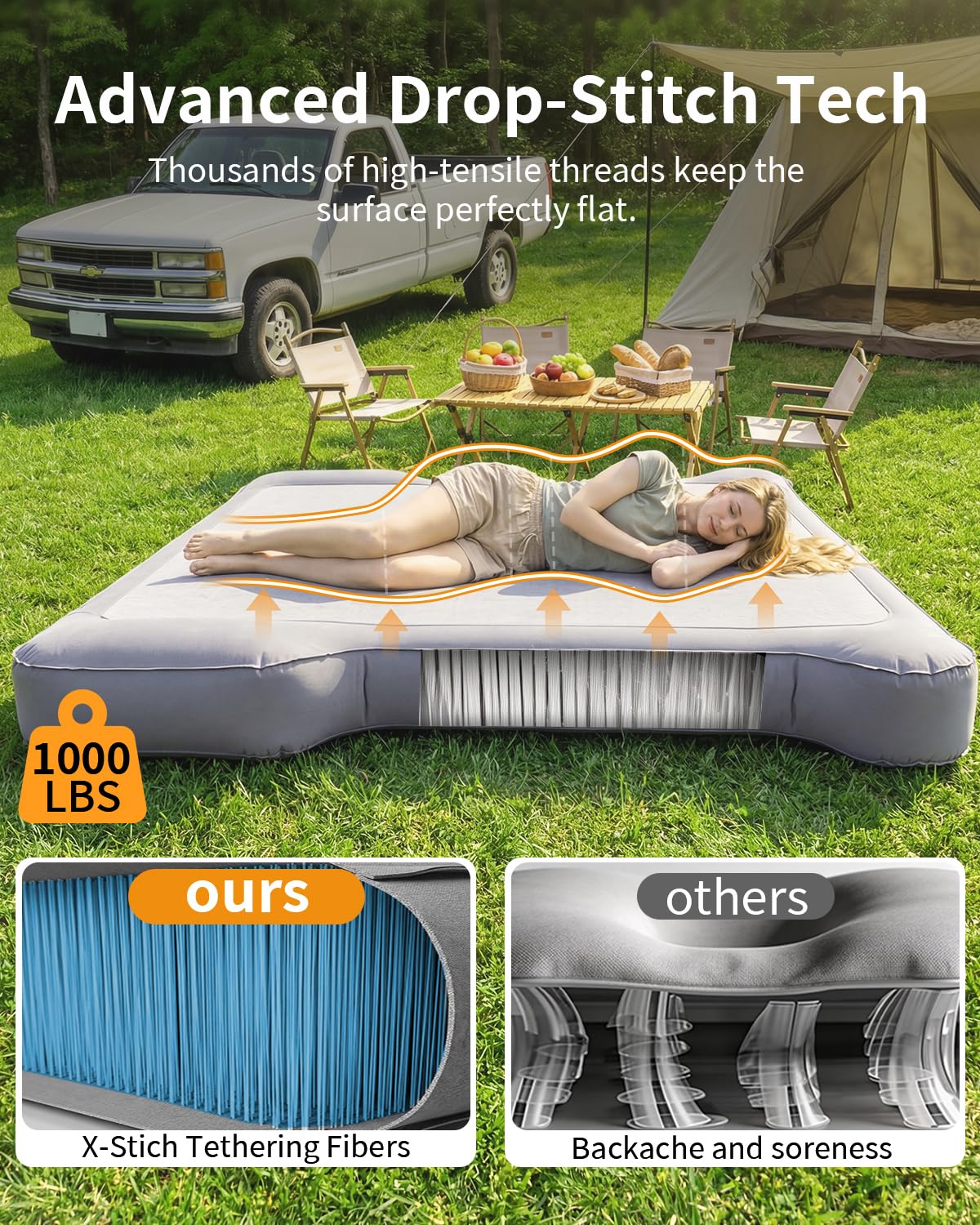 Umbrauto Upgraded Truck Bed Air Mattress for Full Size Short Beds 5.5-5.8ft, Drop-Stitch Tech with Built-in Pump, Heavy Duty Silent Inflatable Tent Bed for Outdoor Camping