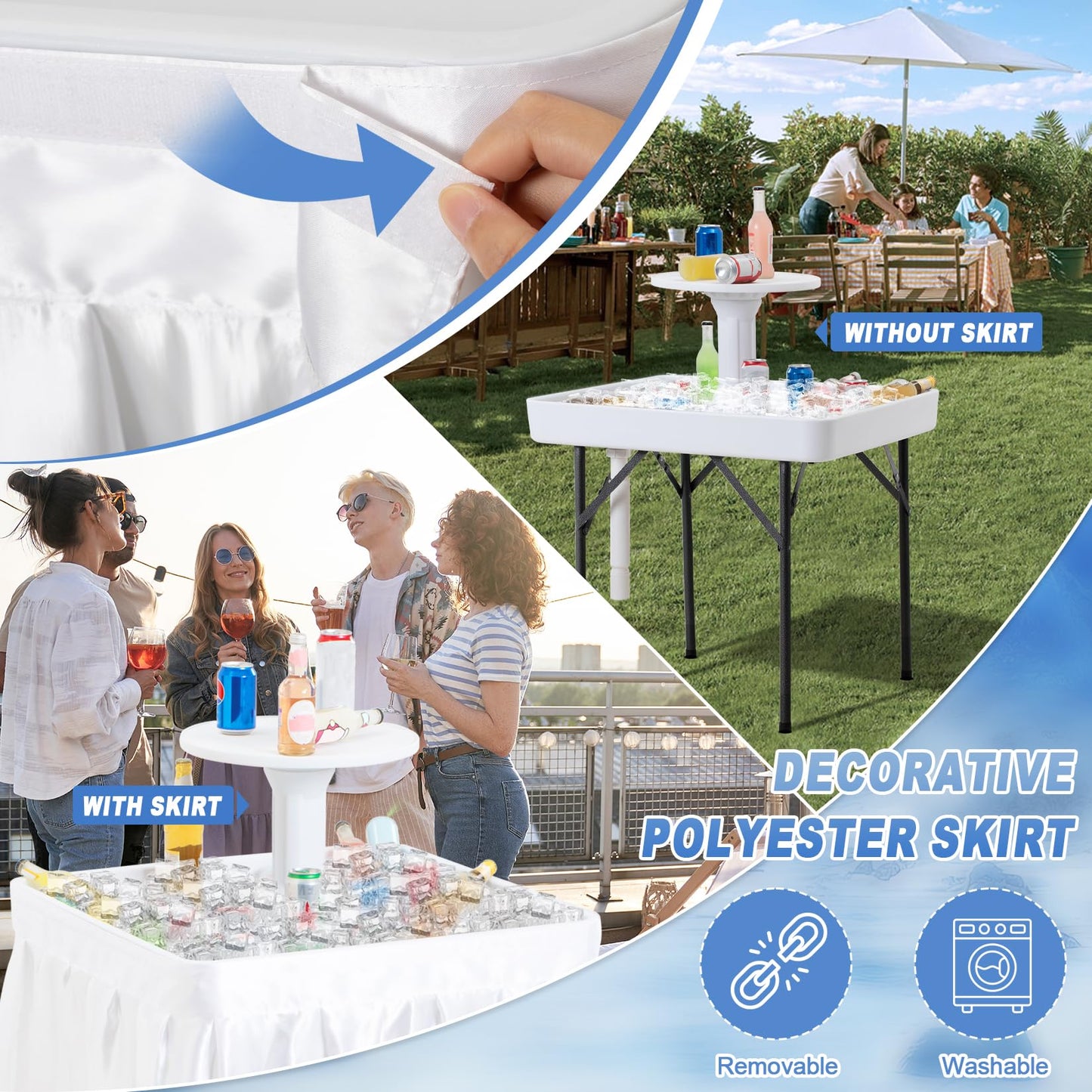 Haddockway Two-Tier Ice Cooler Table, Square Ice Tables for Parties with Drain, Removable Matching Skirt & Rounded Tray, Folding Outdoor Cooler Table for Picnic, Camping, Fishing, Wedding