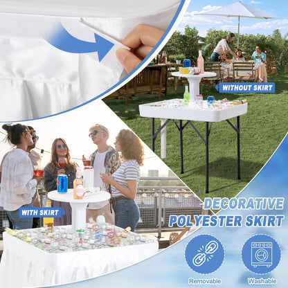 Haddockway Two-Tier Ice Cooler Table, Square Ice Tables for Parties with Drain, Removable Matching Skirt & Rounded Tray, Folding Outdoor Cooler Table for Picnic, Camping, Fishing, Wedding