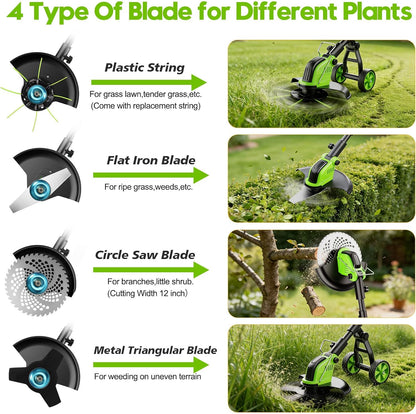 Skiennix 20000 RPM Electric Weed Wacker - Cordless 12" Brushless Grass Trimmer with 4-in-1 Functionality & 2 Batteries
