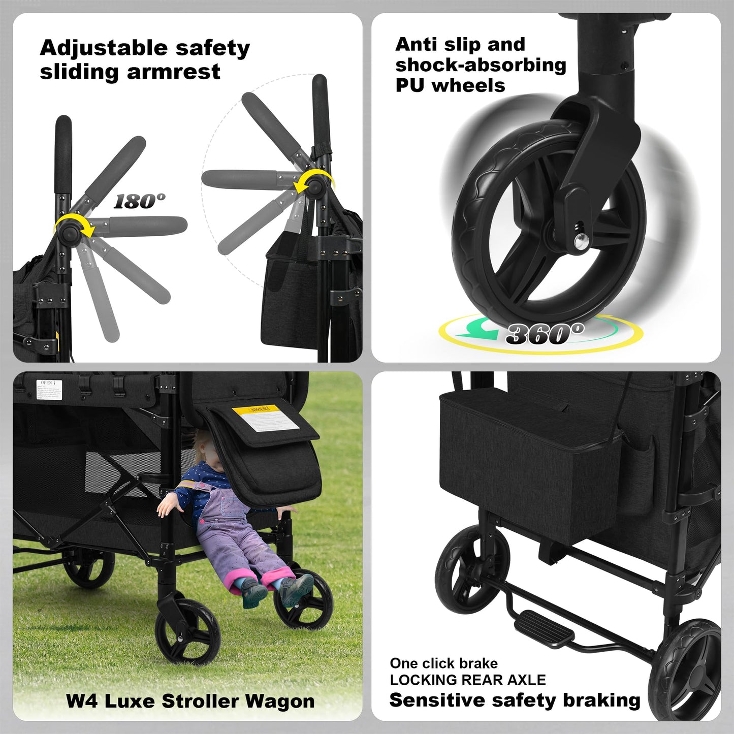 VOOI Stroller Wagon 4 Seater, Wagon for Kids, Collapsible W4 Stroller with Seats with 5-Point Harnesses, Easy Access Zipper Door, and Removable Sun Canopy (Black, W4-Large)