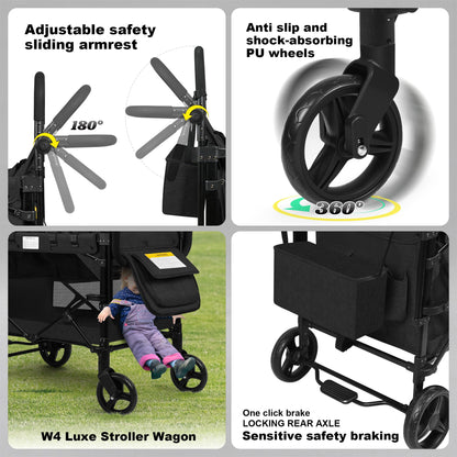 VOOI Stroller Wagon 4 Seater, Wagon for Kids, Collapsible W4 Stroller with Seats with 5-Point Harnesses, Easy Access Zipper Door, and Removable Sun Canopy (Black, W4-Large)
