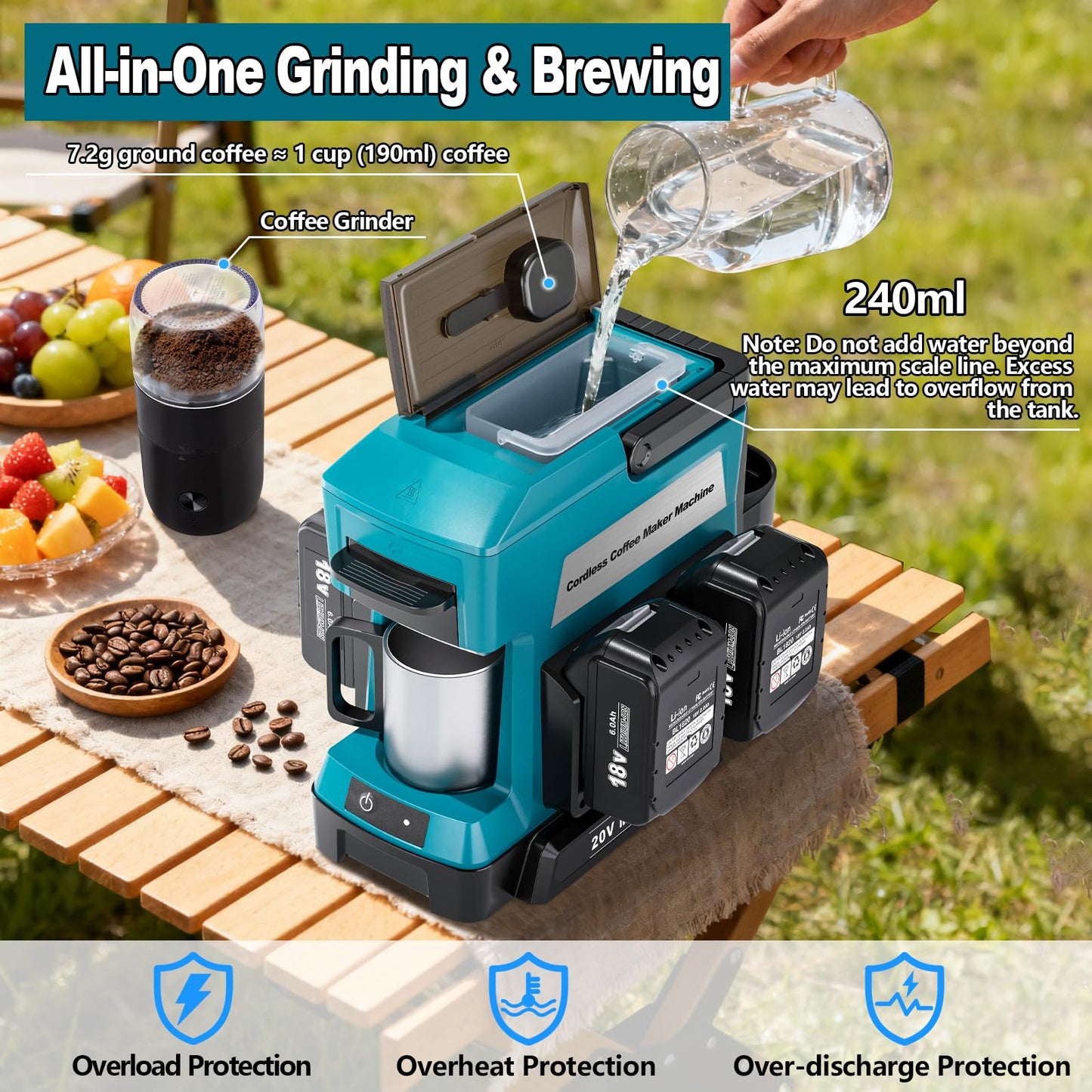 Taingwei Cordless Coffee Maker for Makita 18V Battery, Portable Drip Coffee Maker with Electric Coffee Grinder for RV, Camping, Travel, Car, Hiking (Battery Not Included)
