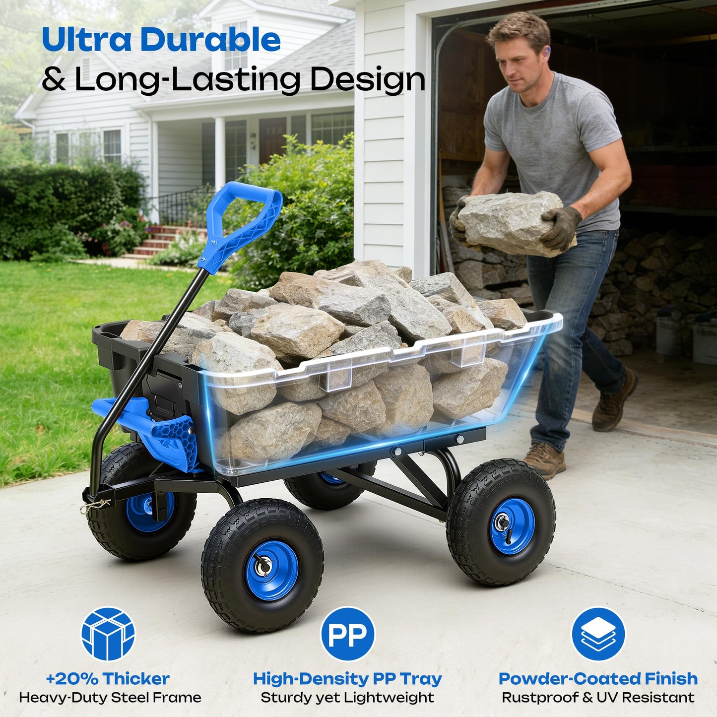 Ultym Garden Dump Cart 900Lbs, 2026 Upgraded Heavy Duty Wheelbarrow Dump Wagon with 10" Non-Slip Pneumatic Tires & Quick-Release Dumping, 4-Wheel Steel Frame Utility Carts for Yard,Farm and Garden