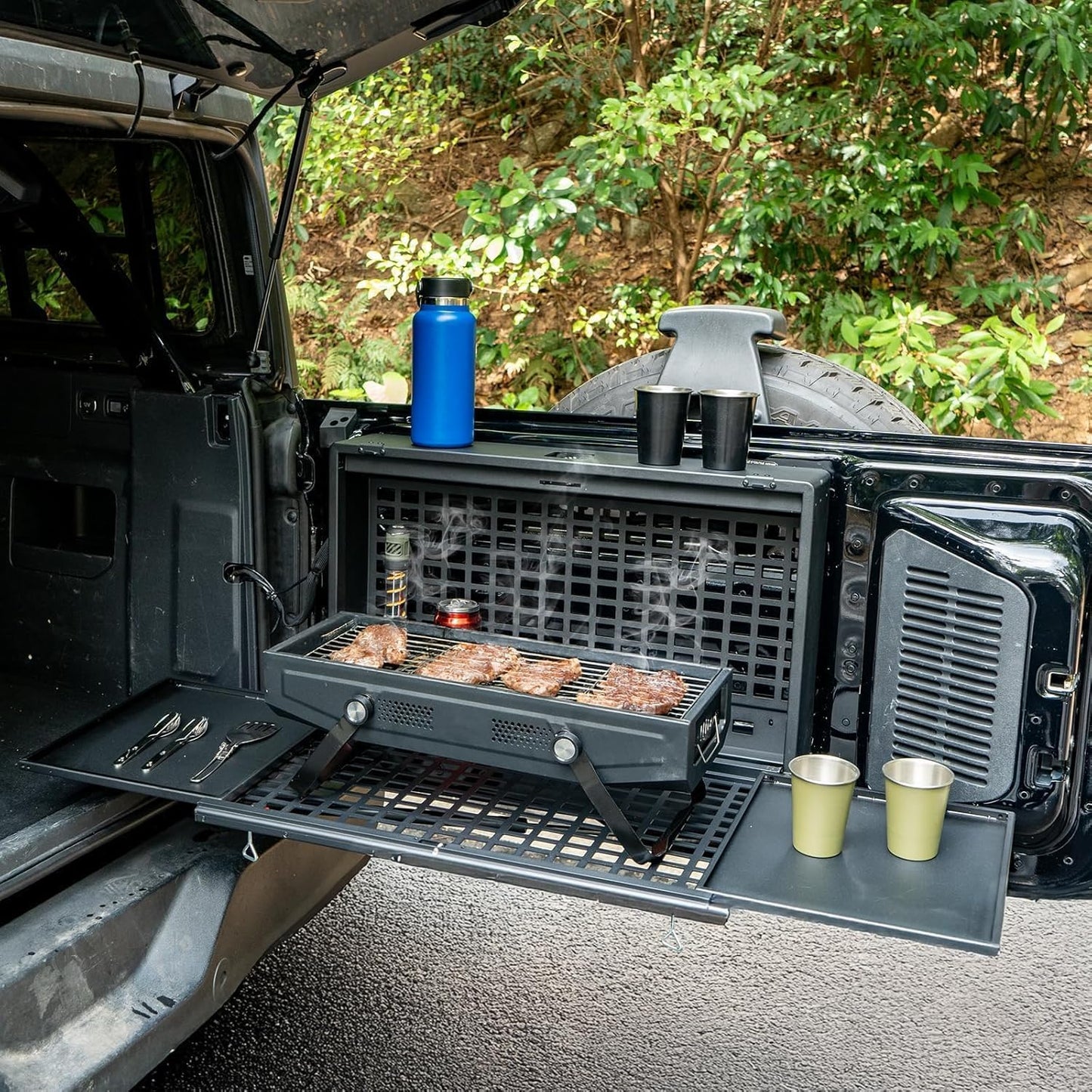 MAIKER Lockable Tailgate Table Compatible with Ford Bronco 2021–2025 4 Doors – Foldable MOLLE Storage Box, Camping Desk & Rear Cargo Shelf (Not for Bronco Sport)