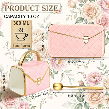 Zubebe 1 Set Coffee Mug Elegant Handbag Shaped Cup Modern Ceramic Purse Mug with Spoon and Saucer, 10oz Cute Creative Tea Cup for Woman Girls Gift (Pink)