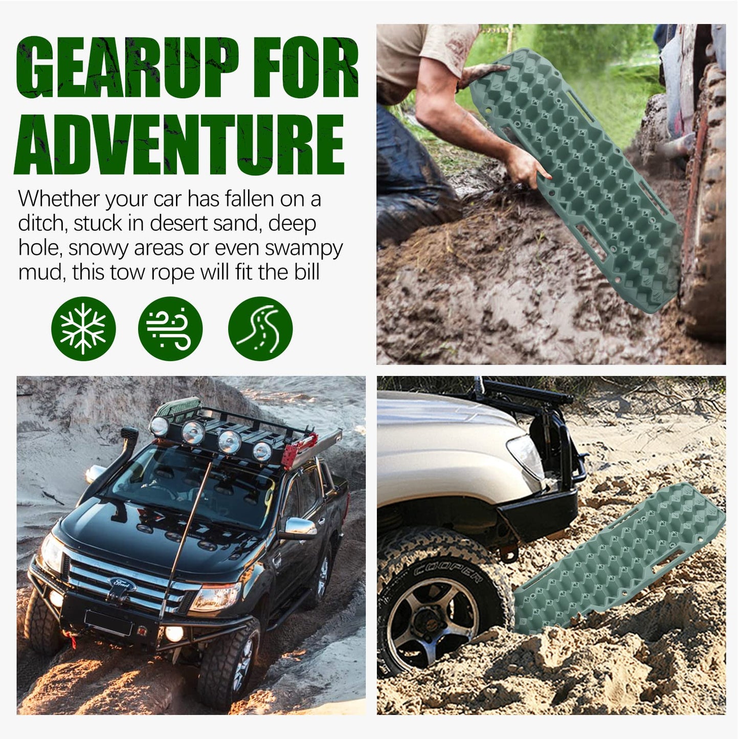 BUNKER INDUST Off-Road Traction Boards (Gen 10) Green + 1"×30ft Kinetic Recovery Rope with 2 Soft Shackles Kit