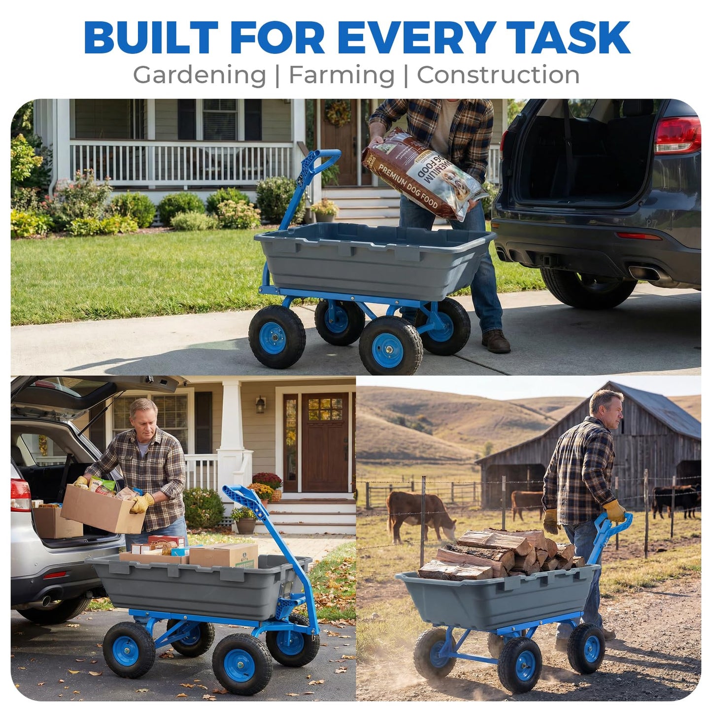 Sekey 1000lbs Garden Dump Cart for Seniors, Capacity Yard Wagon with Rubber Tires, Quick-Release Dumping & Easy-Maneuver Handle for Soil, Rocks, and Firewood, Gray