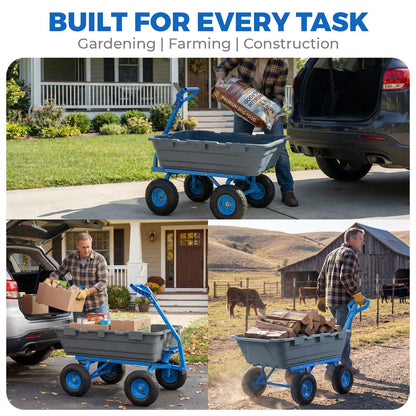 Sekey 1000lbs Garden Dump Cart for Seniors, Capacity Yard Wagon with Rubber Tires, Quick-Release Dumping & Easy-Maneuver Handle for Soil, Rocks, and Firewood, Gray