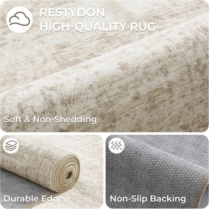 Skiennix 2x3 Washable Rug Runner - Soft Vintage Abstract Design | Anti-Slip Indoor Mat in Beige/Ivory