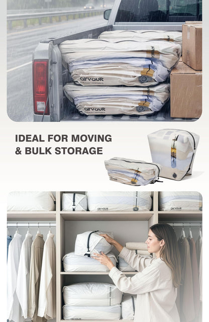 AirVault Premium Reusable Vacuum Seal Storage Bag for Carry On Suitcases & Backpack, Space Saver Airline Travel Vacpack, Pump Included (120L Tapered Duffle, 3-Pack)