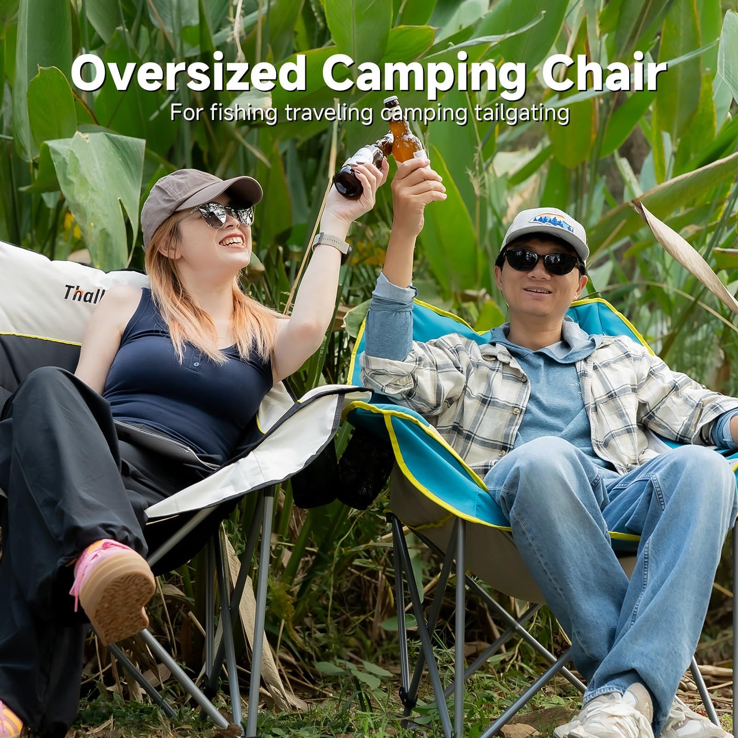 Oversized Camping Chair, Portable Folding Padded Camping Chairs with Cup Holder and Carry Bag, Heavy Duty Outdoor Camping Chairs for Adults, Up to 400Lb, for Fishing (Black-2 Pack)