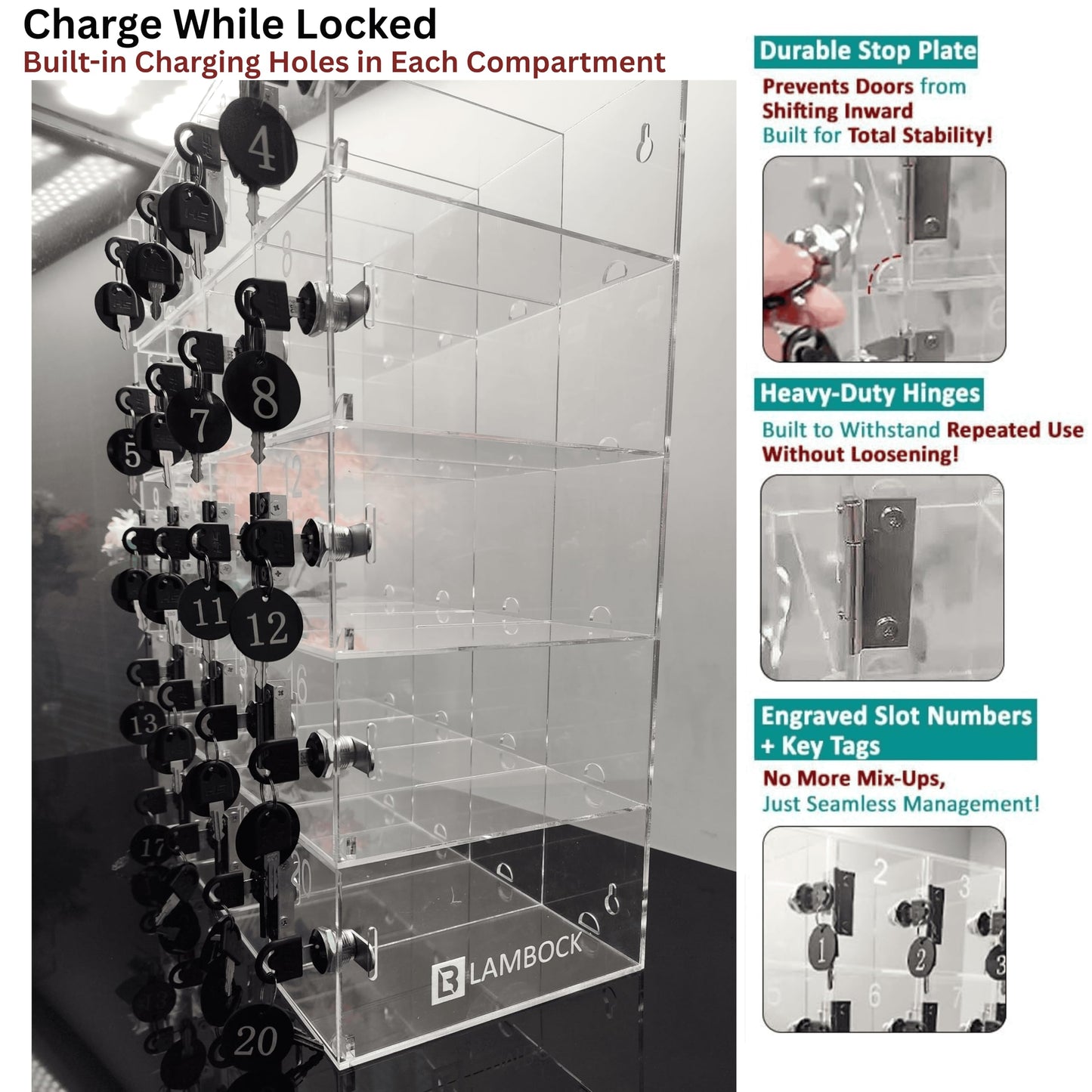 LAMBOCK Cell Phone Lock Box for Classrooms & Offices – 20-Box Charging Locker for Employees & Students, Portable Phone Jail Lockbox with Large 8x4x4 Boxes | Up to 100 Phones Capacity