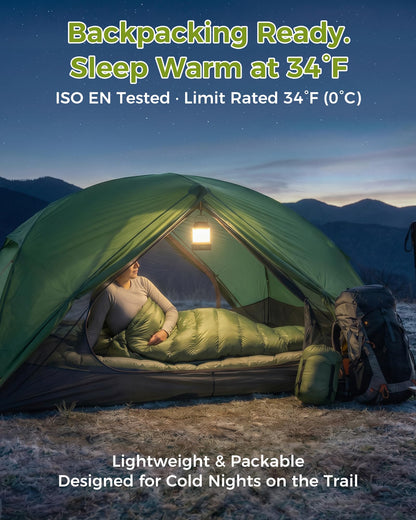 ATEPA 700FP Down Sleeping Bag for Adults, Ultralight 0 Degree Mummy Sleeping Bag with RDS Down & Recycled 15D Nylon Shell for Backpacking Camping Hiking, ISO Limit 35°F, Green