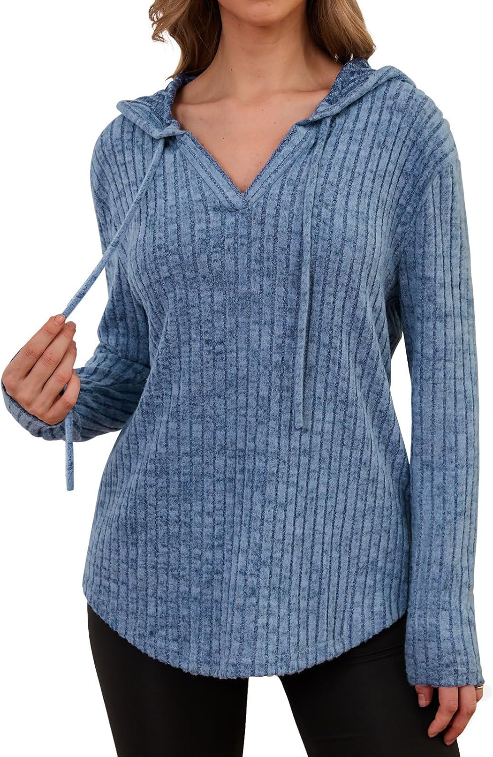 Lylinan Womens Cozy Knit Sweaters Hoodies Ribbed V Neck Pullover Sweatshirts for Fall Outfits S-XXL