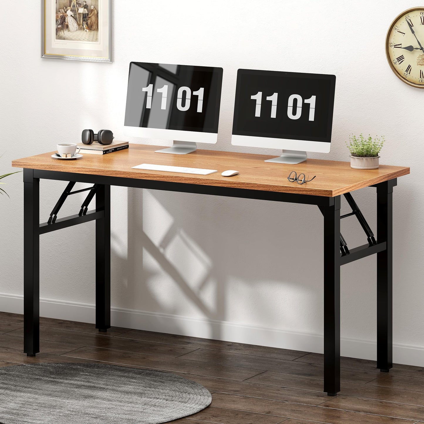Need Home Office Desk 47 inches Folding Computer Table Workstation No Install, Teak and Black