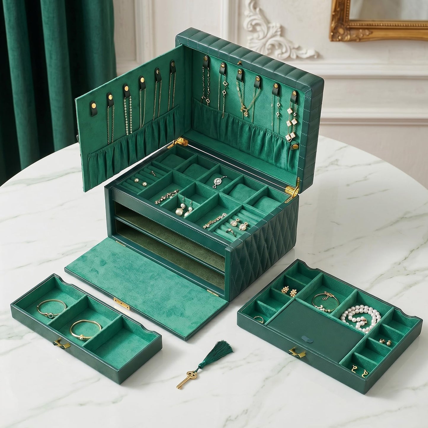 Homruilink Genuine Leather Jewelry Box – 3 Layer Large Jewelry Organizer with Mirror, Lockable Jewelry Box for Women – Necklace, Ring, Earring Organizer with Drawer - Fathers Day Gift for Dad (Green)