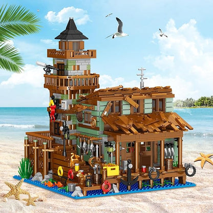 Fishing Village Store House Building Set with LED Light 1881 PCS Wood Cabin Mini Building Block STEM Architecture Toys Kit Birthday Gift for Adults Ages 8-12+ Years（Not Compatible with Set ）