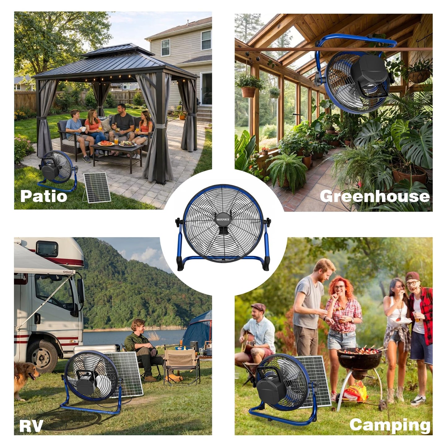 MOXNICE 18" Solar Rechargeable Floor Fan, 30W Cordless Solar Fan Outdoor, Portable Camping Fan, Hi-airflow, USB Output, Wireless, for Home Garage RV Camping Greenhouse