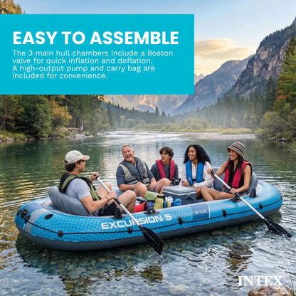 INTEX 66325EP Excursion 5 Inflatable Boat Set: Includes Deluxe 54in Aluminum Oars and High-Output-Pump – Adjustable Seats with Backrest – Fishing Rod Holders – 5-Person – 1320lb Weight Capacity
