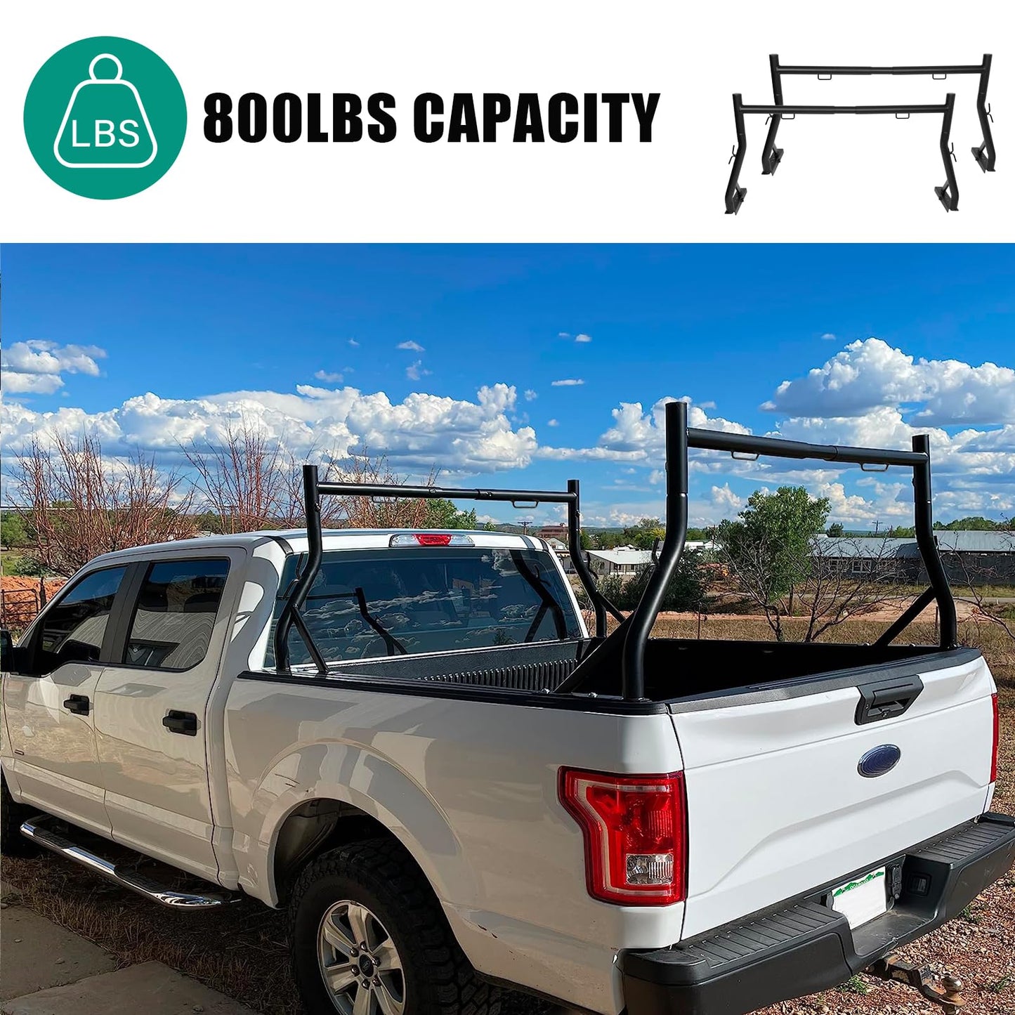 OUTPRIZE Non-Drilling Truck Rack, Heavy Duty Steel Extendable Truck Bed Ladder Rack, Fit for 52" to 71" Wide Truck Bed, 800 lb. Capacity