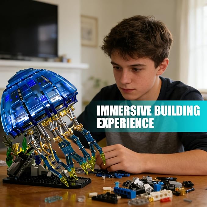Mechanical Jellyfish Building Block Set with LED Light Bionic Glowing Mech Jellyfish Movable Linkage Gears Sea Animal Collection Toy Desk Decor Creative Gifts for Ages 8+(1146PCS)