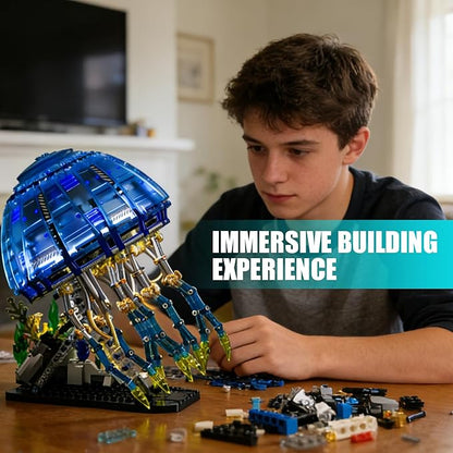Mechanical Jellyfish Building Block Set with LED Light Bionic Glowing Mech Jellyfish Movable Linkage Gears Sea Animal Collection Toy Desk Decor Creative Gifts for Ages 8+(1146PCS)