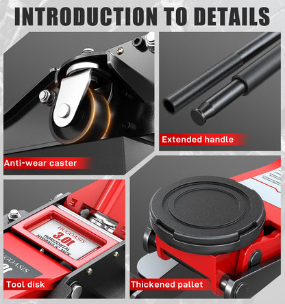 HUGOASIS 3 Ton Low Profile Hydraulic Floor Jack, Dual Pump Quick Lift, 2.95"-19.88" Lifting Range, Heavy Duty Alloy Steel with 360° Swivel Wheels for Sedan, SUV, Truck, Garage Auto Repair