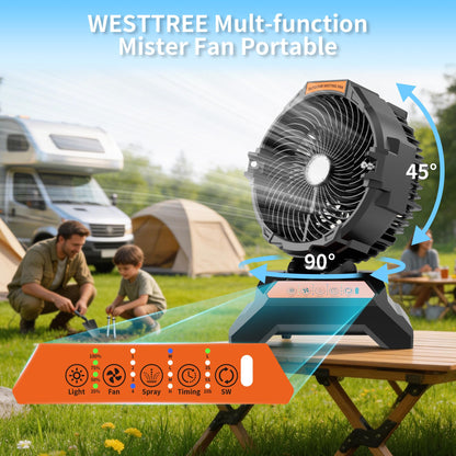 WESTTREE Misting Fan Portable with 15L Large Bucket, 4-in-1 Mist 8 Modes Spray Fan with Retractable Handle & Oscillating Outdoor Camping Fan,36H Runtime, 4-Level Wind Speed/Lighting for Tent