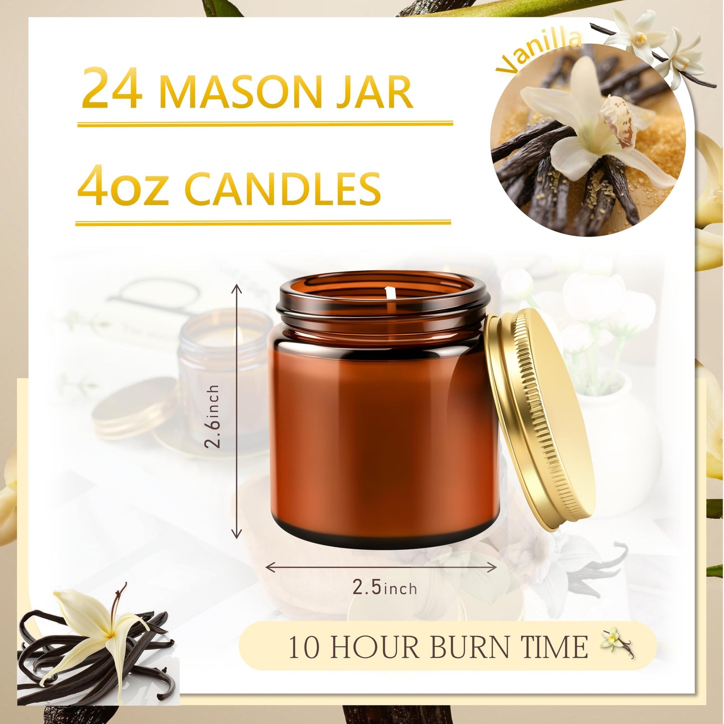 Cmoott 24 Pcs 4 Oz Mason Jar Candles, Vanilla Scented Soy Candles Bulk Set for Stress Relief and Relaxation, Great Favors for Wedding, Christmas, Housewarming Gifts (Gold,Amber Glass, Vanilla, 24)