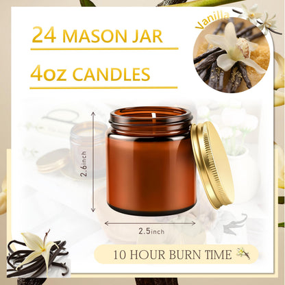 Cmoott 24 Pcs 4 Oz Mason Jar Candles, Vanilla Scented Soy Candles Bulk Set for Stress Relief and Relaxation, Great Favors for Wedding, Christmas, Housewarming Gifts (Gold,Amber Glass, Vanilla, 24)