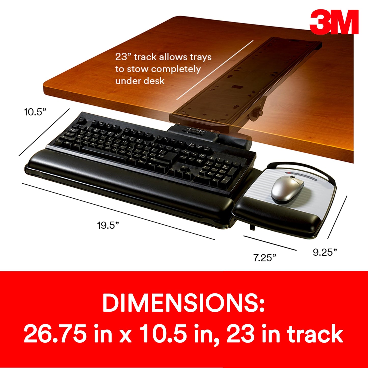 3M Sit/Stand Easy Adjust Keyboard Tray with Adjustable Keyboard andMouse Platform, 23 in Track