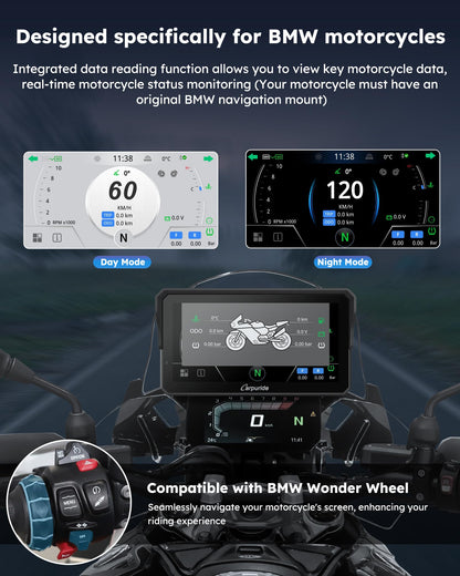 Carpuride W602BSPRO for BMW Motorcycle Carplay & Android Auto 6.25" IP67 Waterproof Car Play Moto GPS Navigation Screen with Dual Bluetooth, Data Reading, OTA, Wonder Control, TPMS, Compass, Barometer