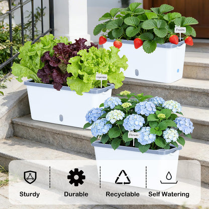 Oliz Window Box Planter 4 Packs, 14 Inches Rectangle Flower Pots with Breathable Drainage Holes, Pots for Vegetables, Herbs, Flowers, Garden Windowsill Balcony (White & Grey)