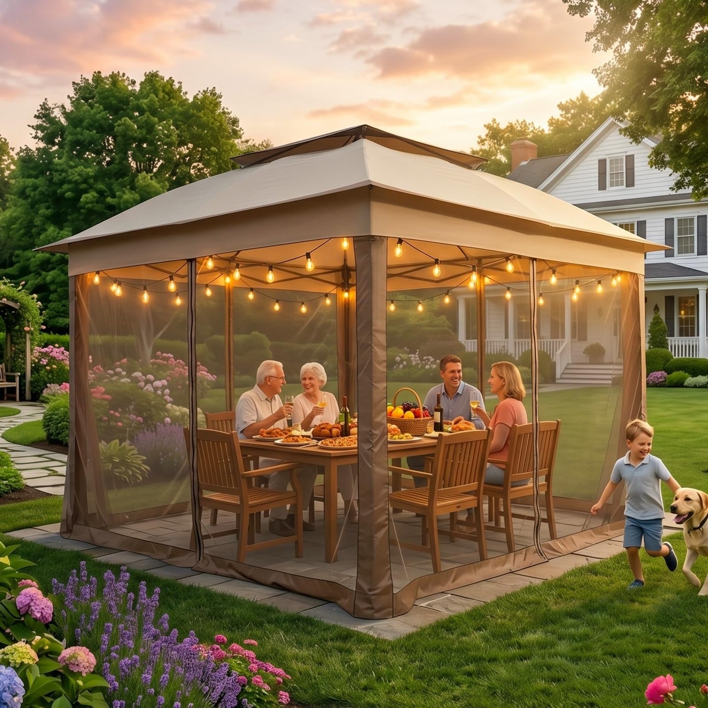 COOS BAY 11x11 Pop Up Gazebo with Mesh Netting, Instant Outdoor Canopy Tent, Water Resistant Shelter with UPF 50+ UV Protection, 121 Sq Ft Coverage, Beige