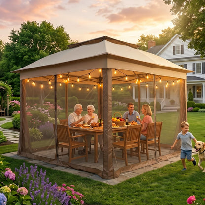 COOS BAY 11x11 Pop Up Gazebo with Mesh Netting, Instant Outdoor Canopy Tent, Water Resistant Shelter with UPF 50+ UV Protection, 121 Sq Ft Coverage, Beige