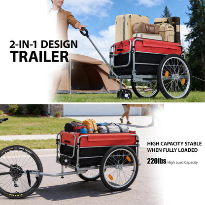 KEIKI Bike Cargo Trailer, Aluminum Luggage Cart, Heavy Duty 220 lbs Bicycle Wagon Cart, Folding Groceries Hauler with Safe Hitch System, Removable Cover, Oxford Fabric for Cycling Travel, Black+Red