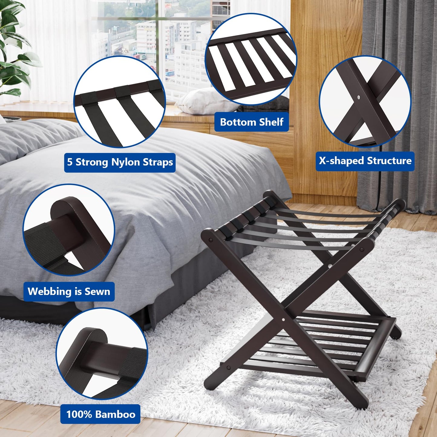 Smuxee Fully Assembled Brown Luggage Racks Pack of 2, Upgraded Bamboo Foldable Suitcase Stand with 5 Nylon Straps, Luggage Holder with Shelf for Guest Room Bedroom Hotel