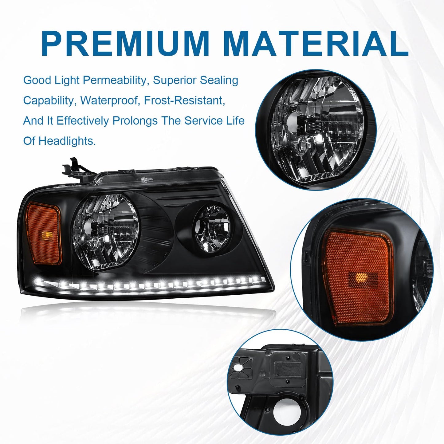 Fullux Headlights for 2004-2008 Ford F150 / 2006-2008 Lincoln Mark LT Pair Front Lights w/LED Running LIghts Replacement Headlamps Black Housing Amber Reflector
