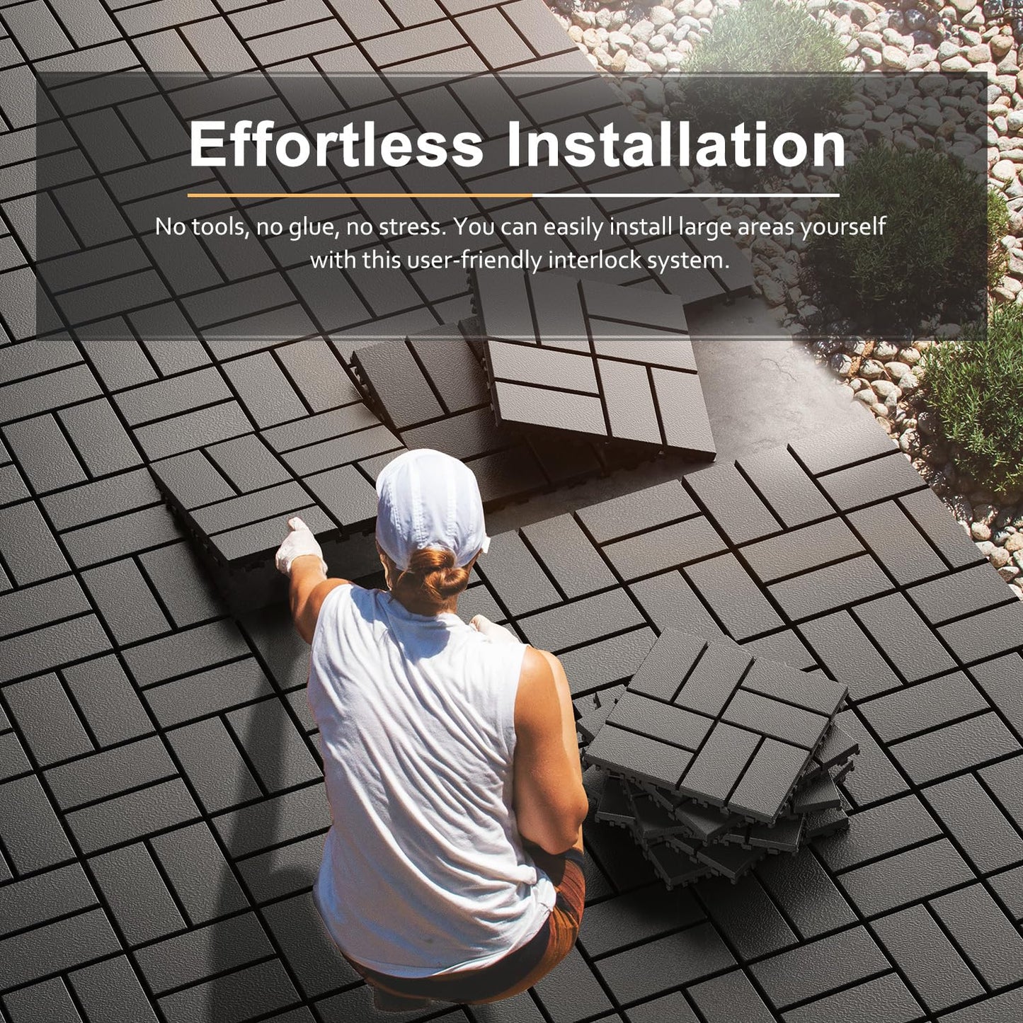 Interlocking Deck Tiles, EchoDeck Patio Deck Tiles, 44 Pack Deck Tiles Interlocking Outdoor All Weather, 12"x12", 8 Slat, 44 Sq. Ft, Highly Durable, Stylish, Non-Slip, Faster-Drying, Dark Grey