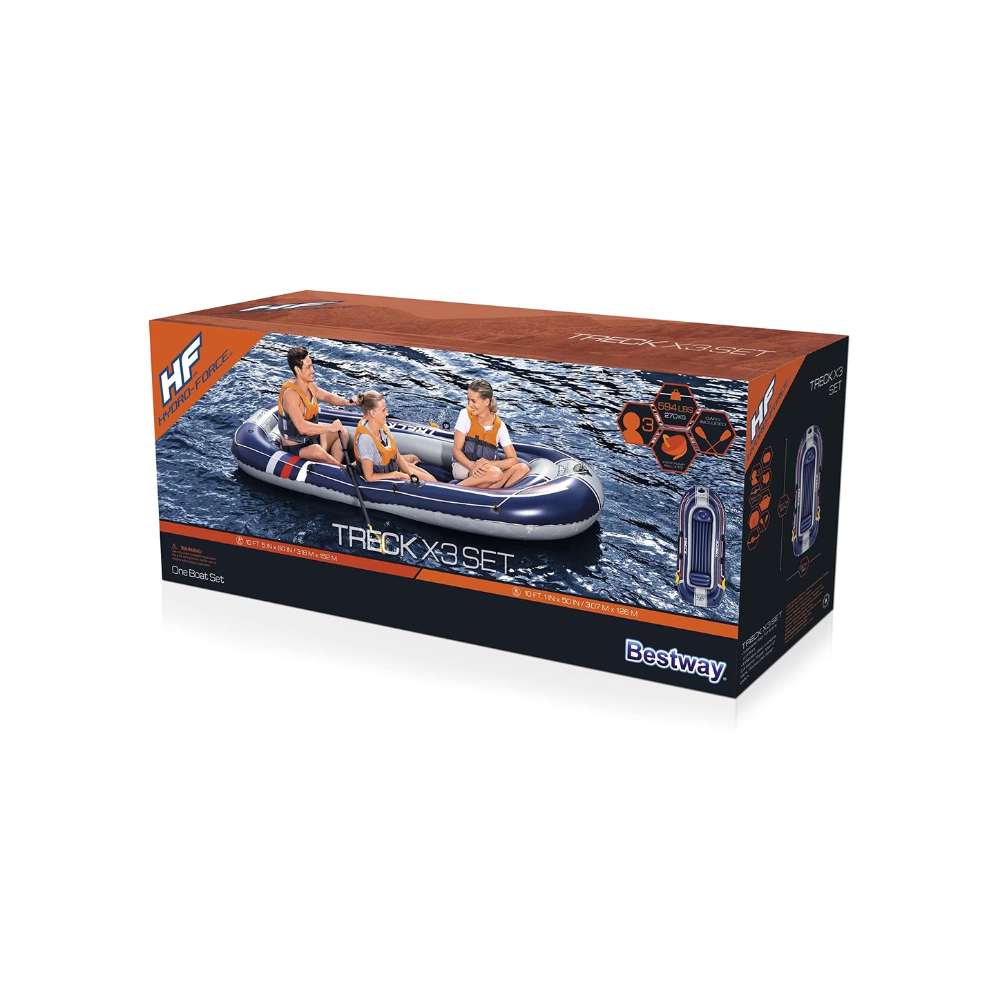 Bestway Hydro-Force Treck X3 Inflatable 3 Person Water Raft Outdoor Floating Boat Set with Pair of Oars, Foot Pump, and Repair Patch