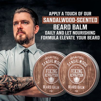 Viking Revolution Sandalwood Beard Balm for Men (2oz) and Sandalwood Beard Oil (1 fl oz) Bundle - With Argan and Jojoba Oils - Soften and Moisturize - Stocking Stuffers for Men
