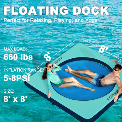 AWEMUFA 8ft x 8ft Inflatable Floating Dock Platform with Mesh, Floating Island Raft Lake Pool Inflatable Water Hammock Swim Air Platform, Floating Water Mat Island Floats for Adults Travel Floats