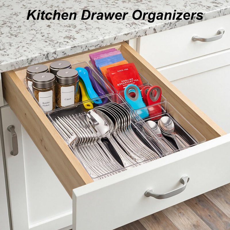 SMARTAKE 7-Piece Drawer Organizer with Non-Slip Silicone Pads, 4-Size Desk Drawer Organizer Trays Storage Tray for Makeup, Jewelries, Utensils in Bedroom Dresser, Office and Kitchen (Clear)