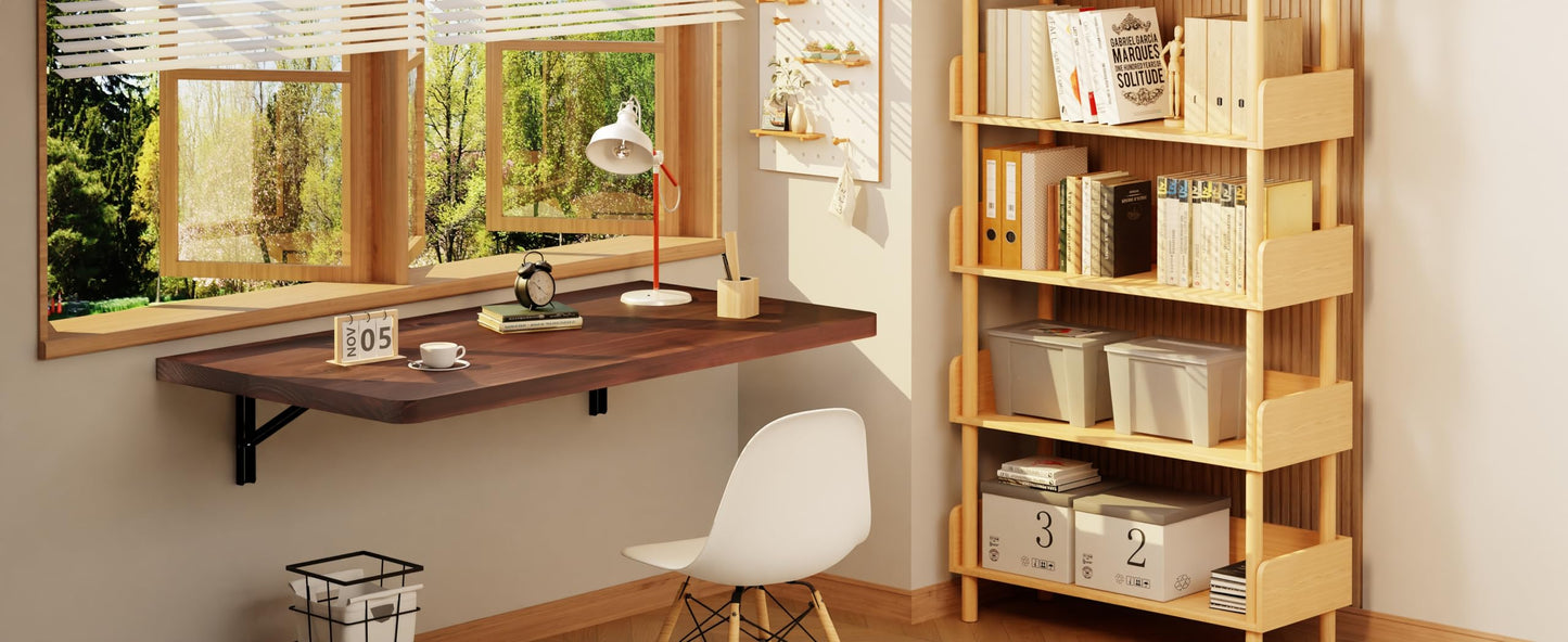 IAE Floating Wall Mounted Folding Table Desk with Pine Wood,36" x 22" Folding Workbench,Fold Down wall Mounted Foldable Table with Shelf Brackets,Laundry Folding Table for Apartment,Home,Kitchen,Brown