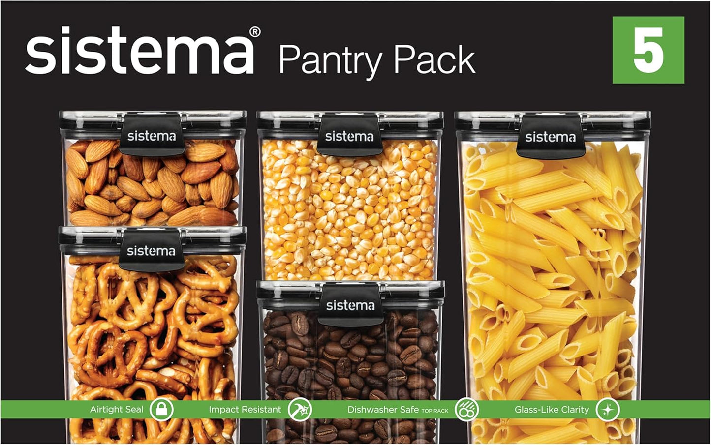 Sistema Tritan Ultra Airtight Storage Containers - 5-Pack Clear Stackable Food Storage, BPA-Free & Dishwasher Safe