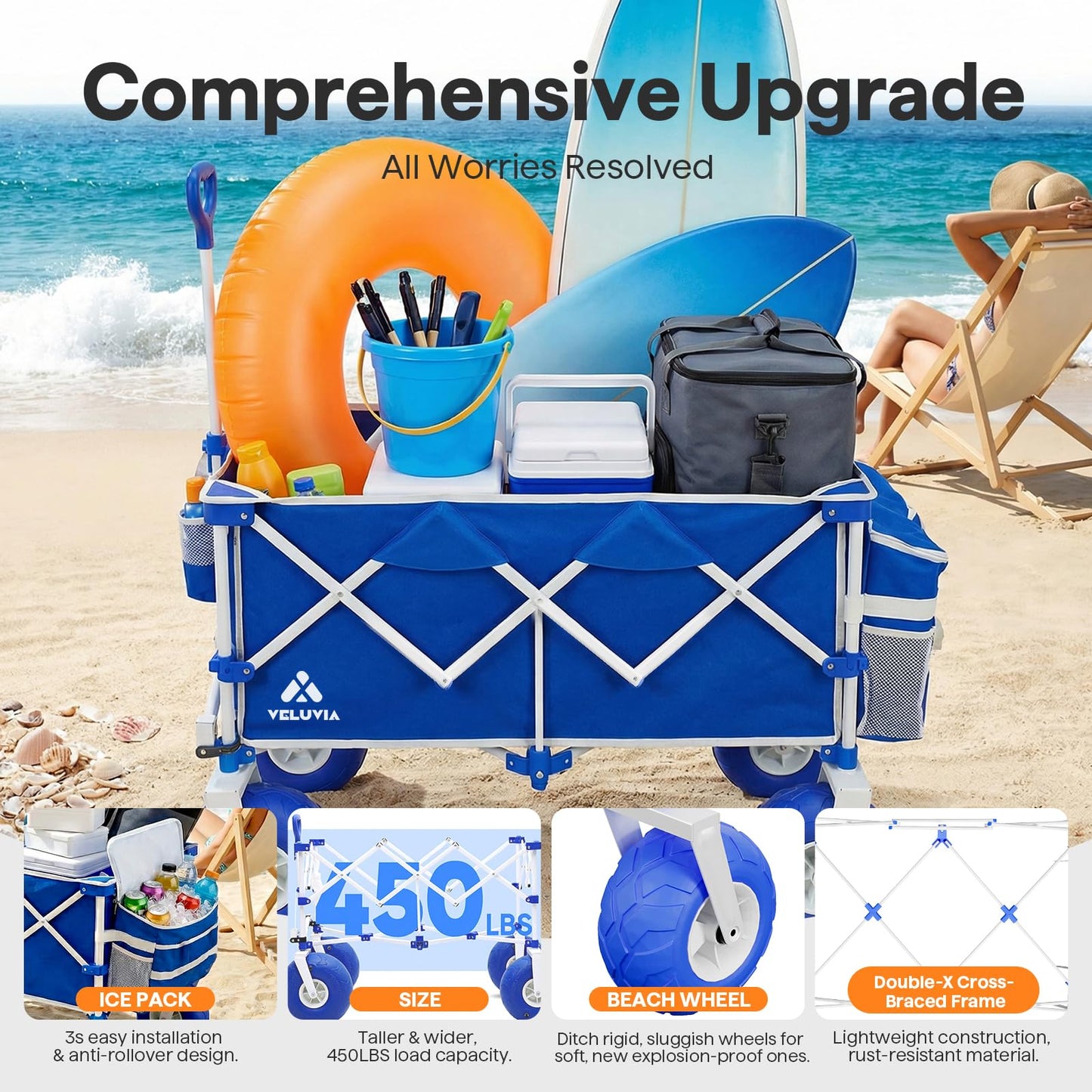 VELUVIA Beach Wagon with Balloon Wheels for Sand - 450LBS Heavy Duty Foldable All Terrain Wagon with 9" Balloon Tires- Collapsible Beach Dolly with Adjustable Handle & Cooler Bag for Beach - Blue