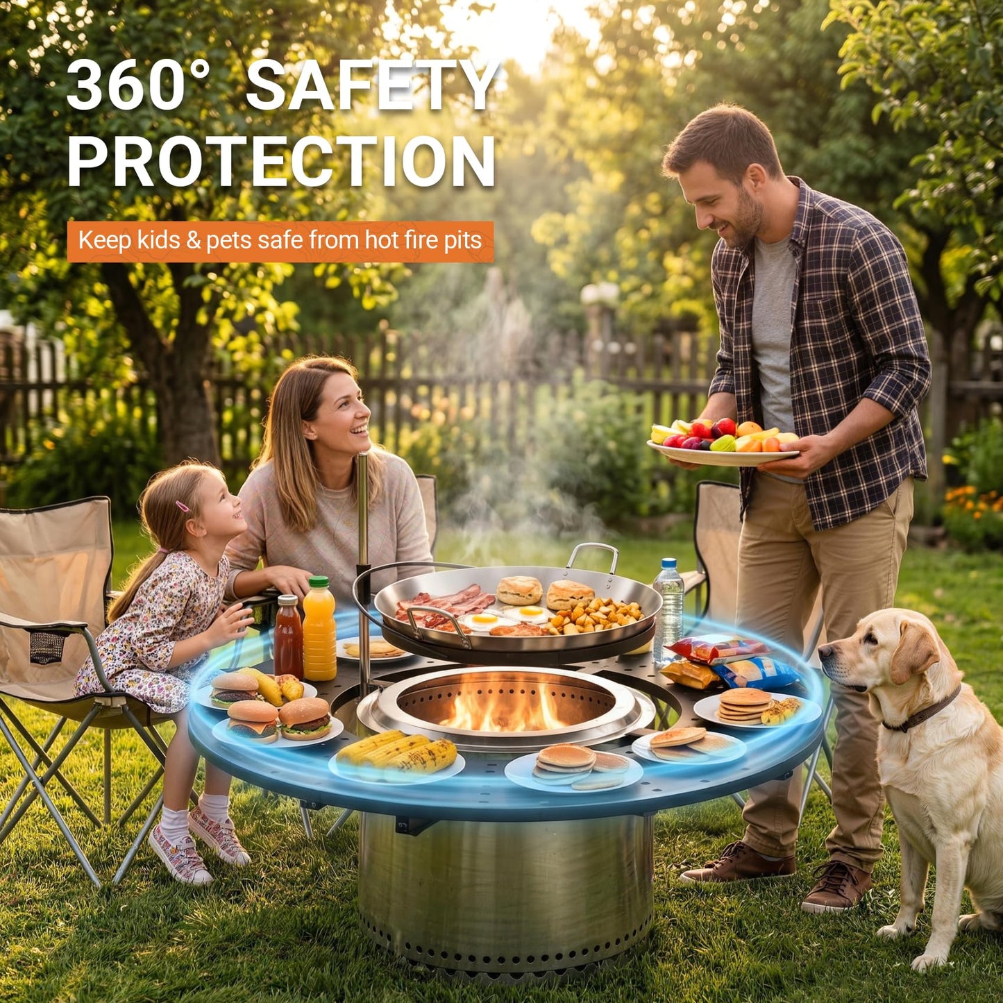 onlyfire Direct Mount Tabletop & Cooking Kit Combo for Solo Stove Bonfire 19.5 inch Fire Pit, 40" Round Heat-Resistant Surround Tray, Height-Adjustable Swivel BBQ Grate, Stainless Steel Griddle Plate